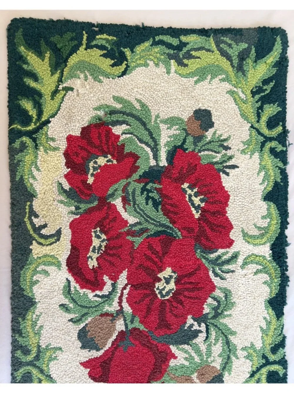 Vintage Handmade Punch Needle Poppy Rug Primitive Country Textile Wall Hanging